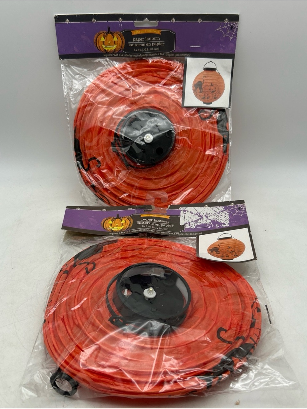 2-Vtg USA 8x8” Halloween Paper Lanterns Battery Operated Orange / Cat /Pumpkins